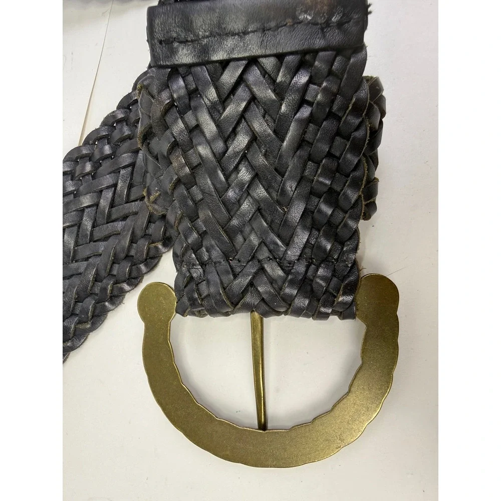Club Monaco Dark Black Braided Leather Belt Wide Brass Rope Buckle VTG